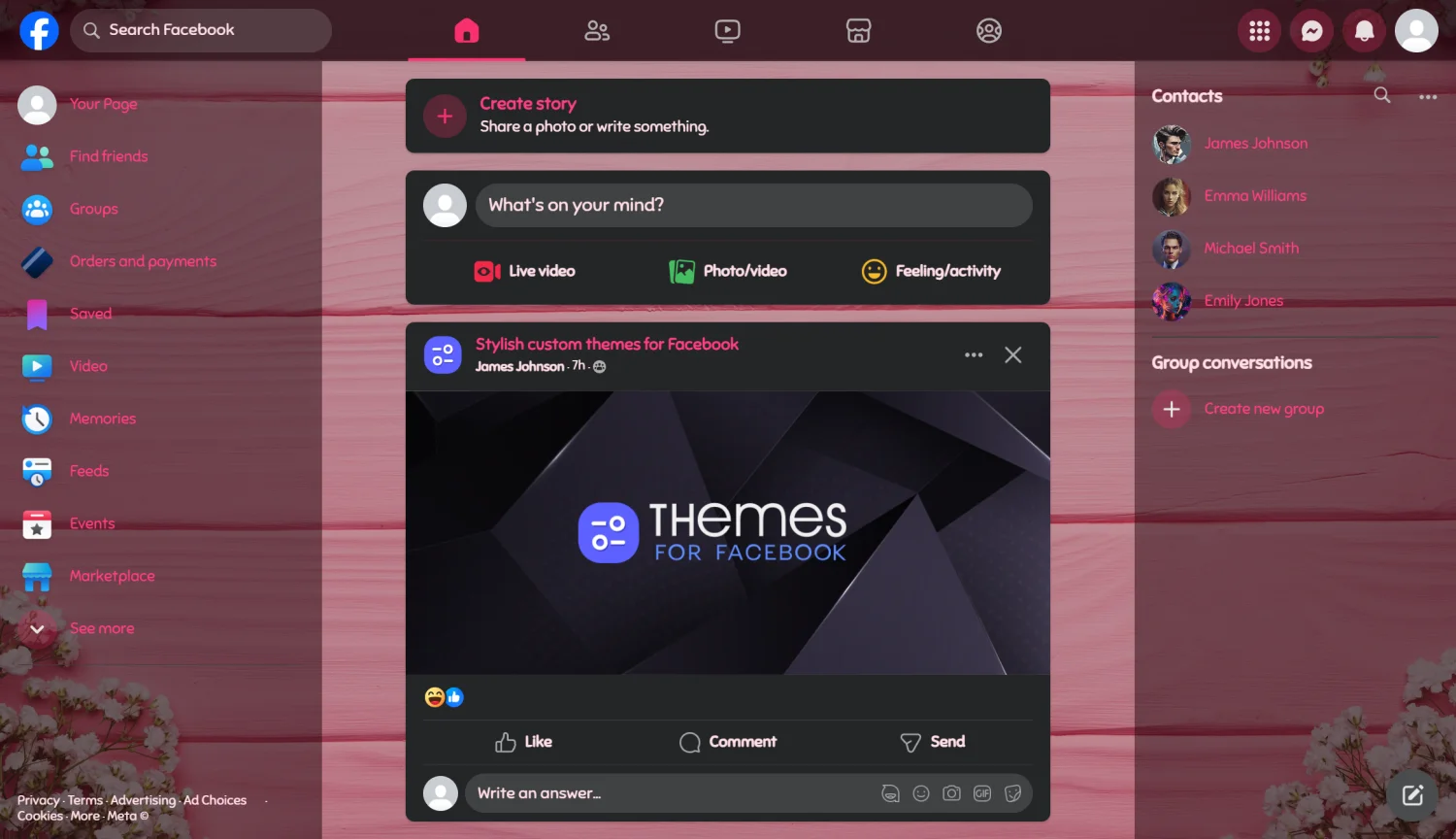 Cute pink wood texture with flowers theme for facebook dark mode