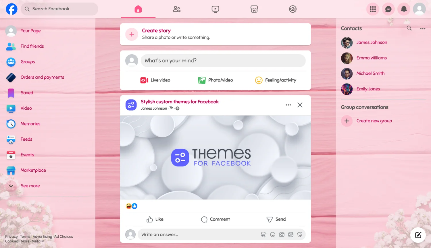 Cute pink wood texture with flowers theme for facebook light mode