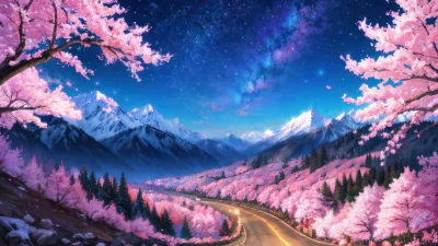 Cherry Blossom Forest Snowy Mountain theme for Facebook