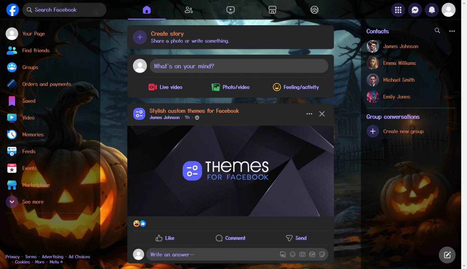 Spooky Halloween Scene with Pumpkins and Haunted House theme for facebook dark mode