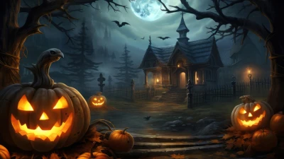 Spooky Halloween Scene with Pumpkins and Haunted House theme for Facebook