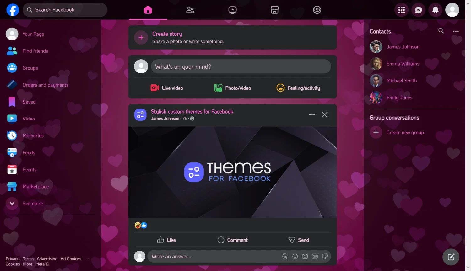 Cute pink hearts fly out romantically from the center live theme for facebook dark mode