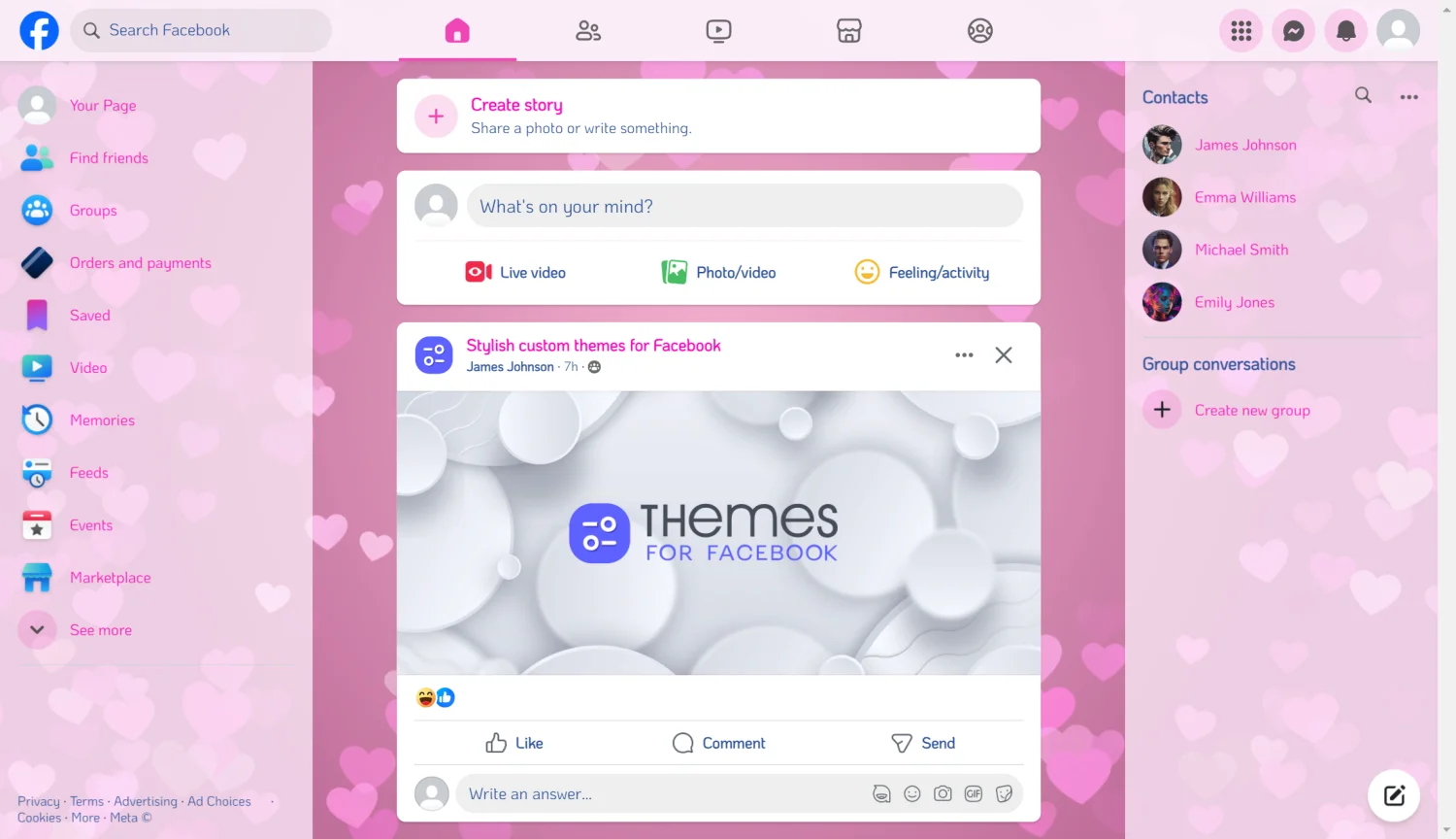 Cute pink hearts fly out romantically from the center live theme for facebook light mode