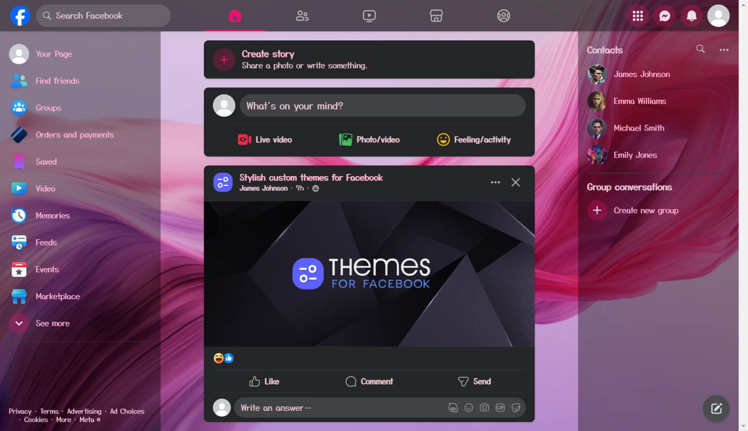 Abstract Pink and Purple Fluid Waves theme for facebook dark mode