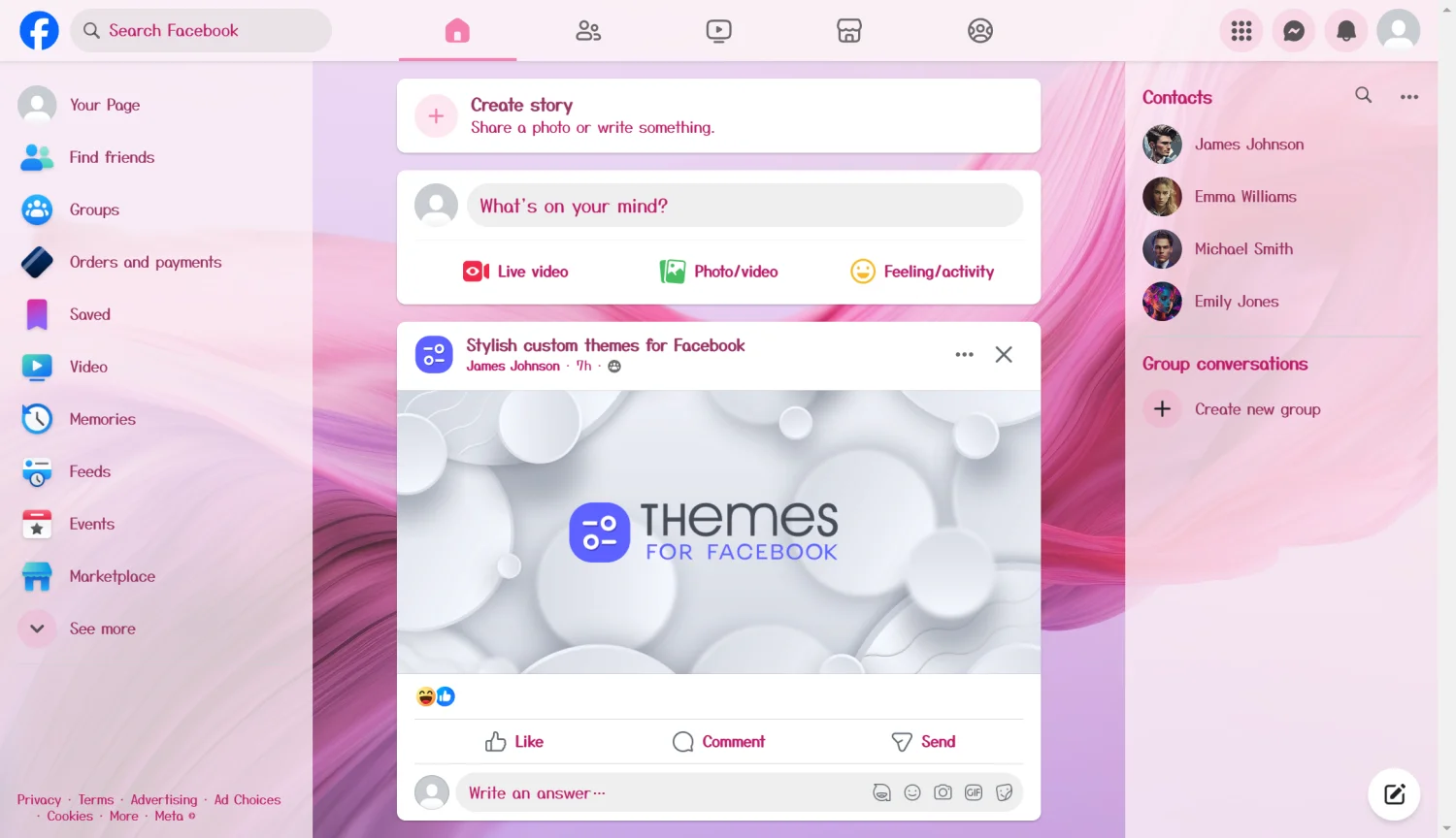 Abstract Pink and Purple Fluid Waves theme for facebook light mode