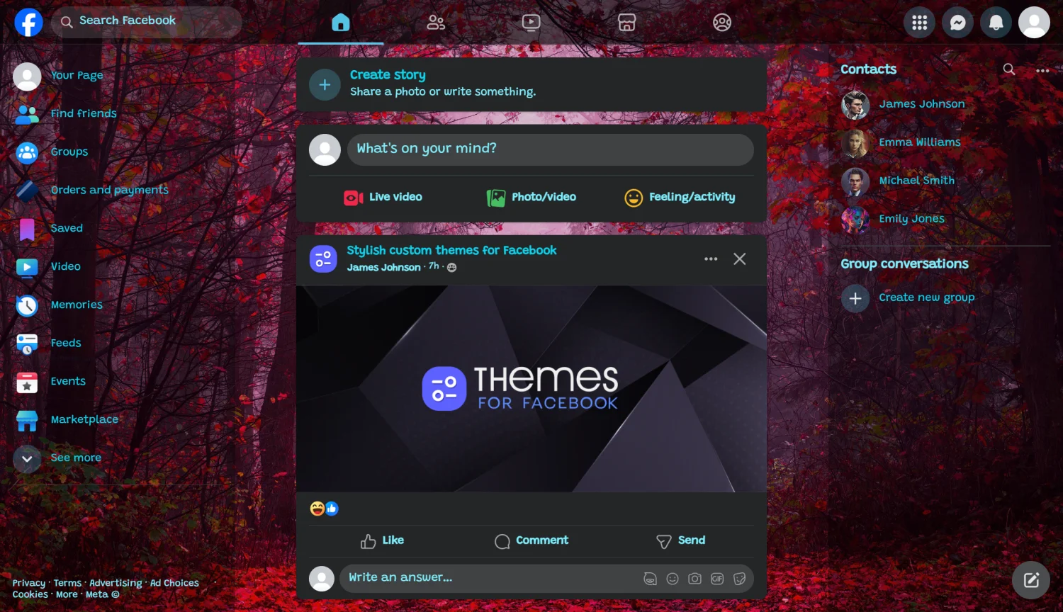 Colorful romantic red autumn forest theme for facebook dark mode