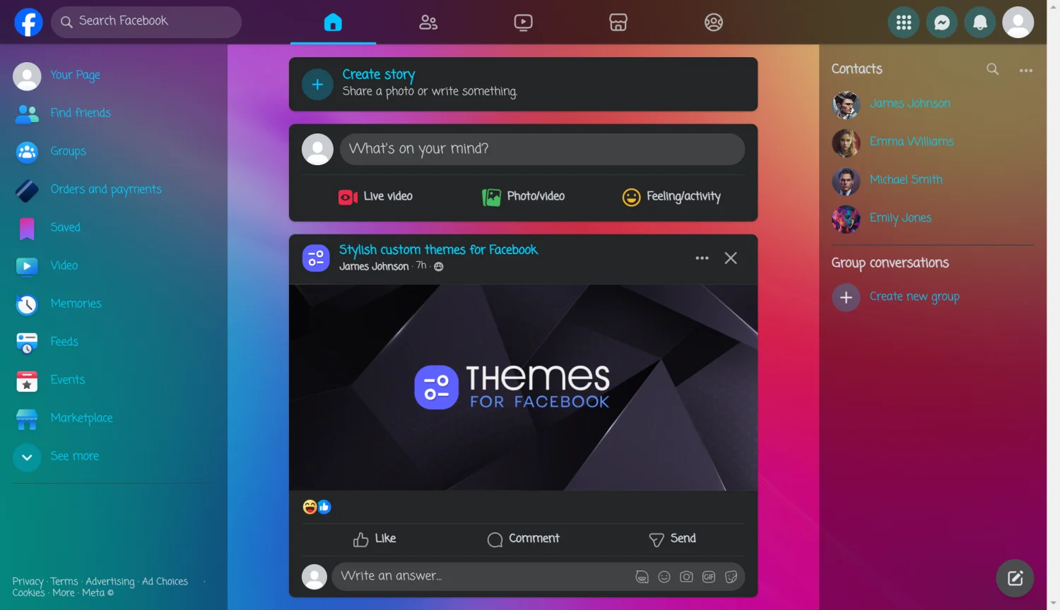Abstract colorful gradient theme for facebook dark mode