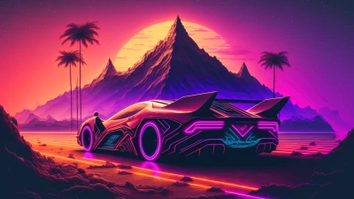 Retro Futuristic Neon Car with Tropical Mountains and Moon theme for Facebook