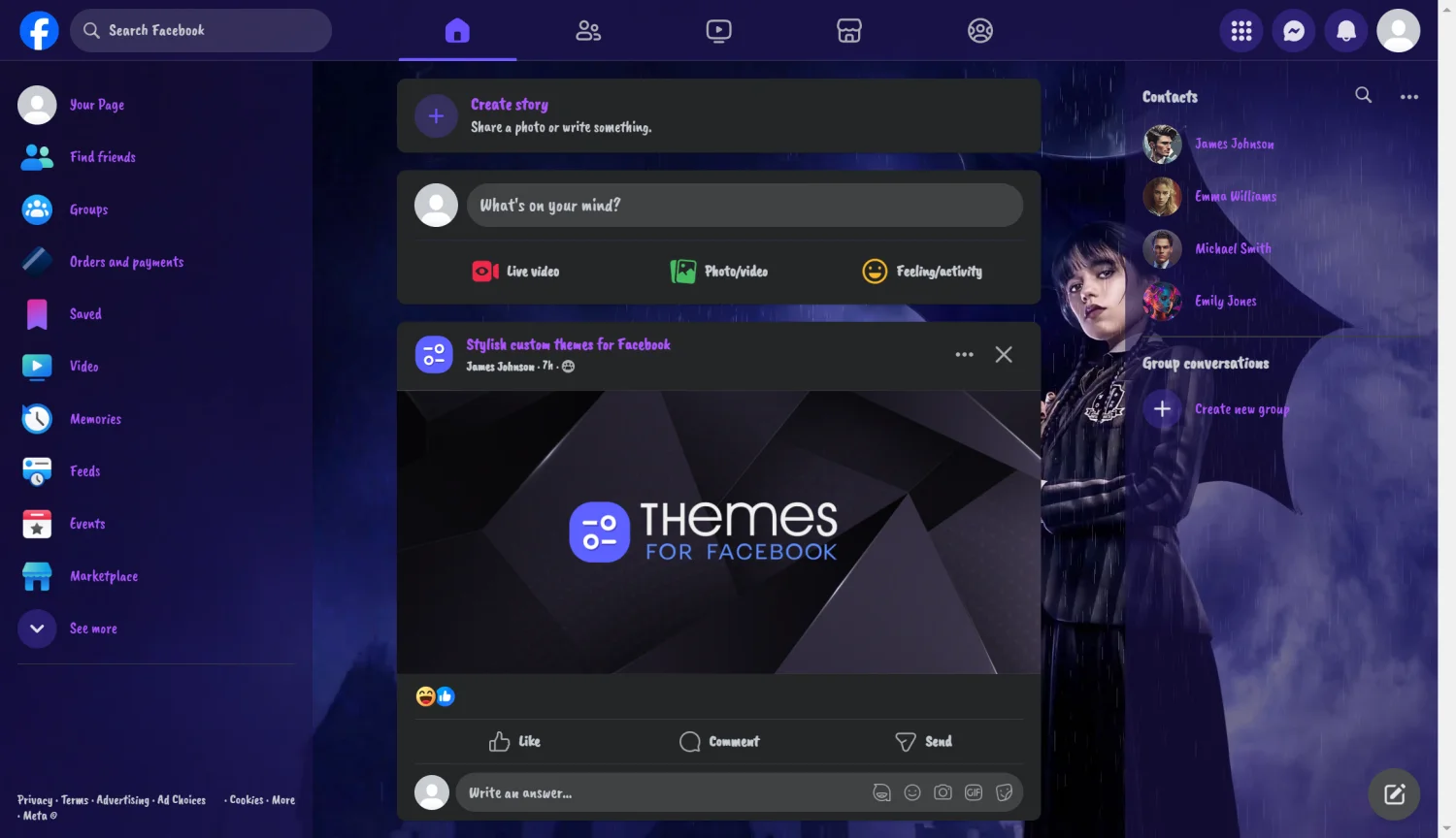 Wednesday Addams series live theme for facebook dark mode