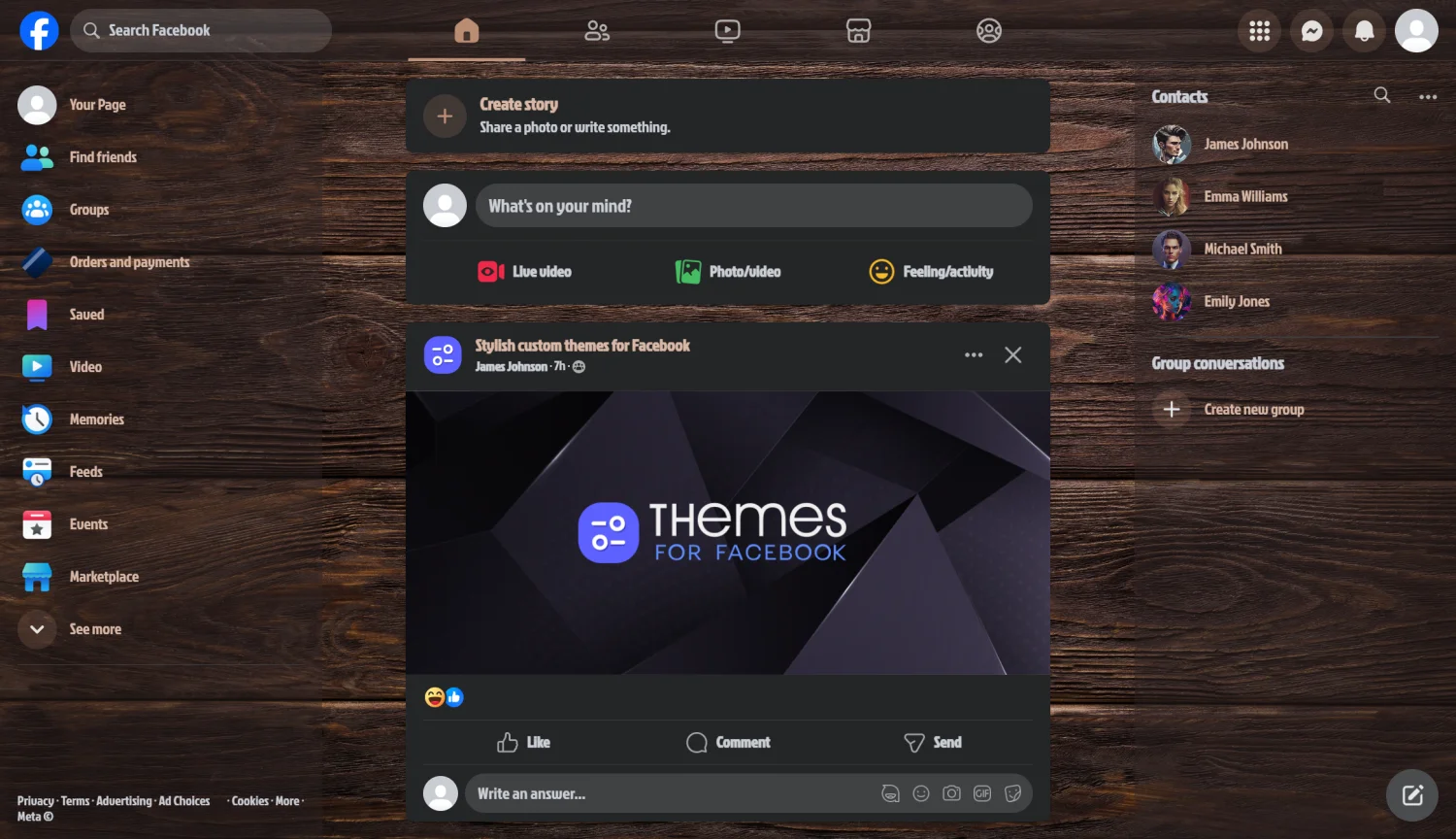 Brown wooden boards texture theme for facebook dark mode