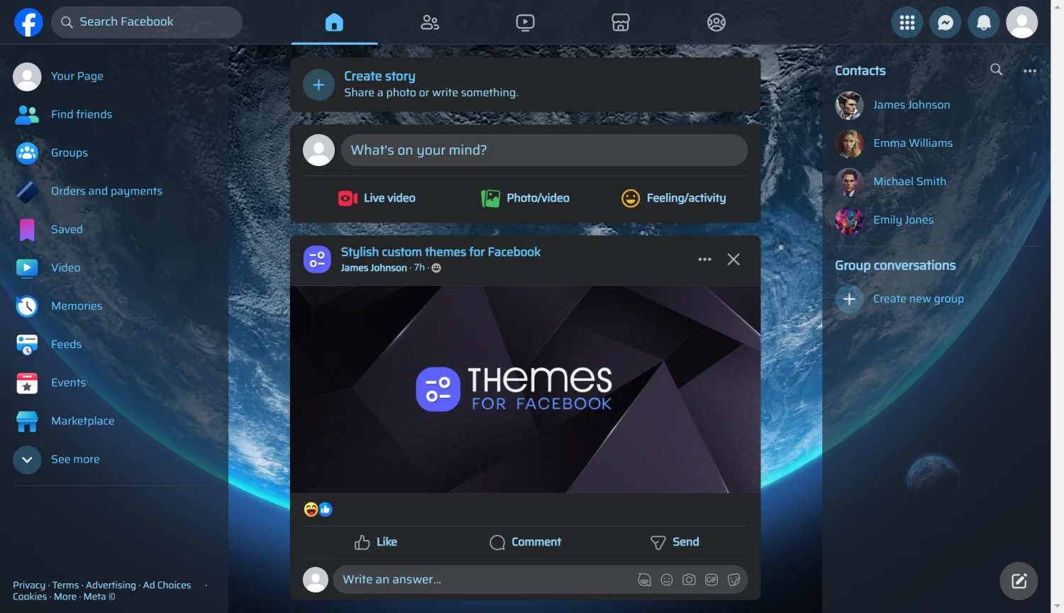 Blue Planet view from space theme for facebook dark mode