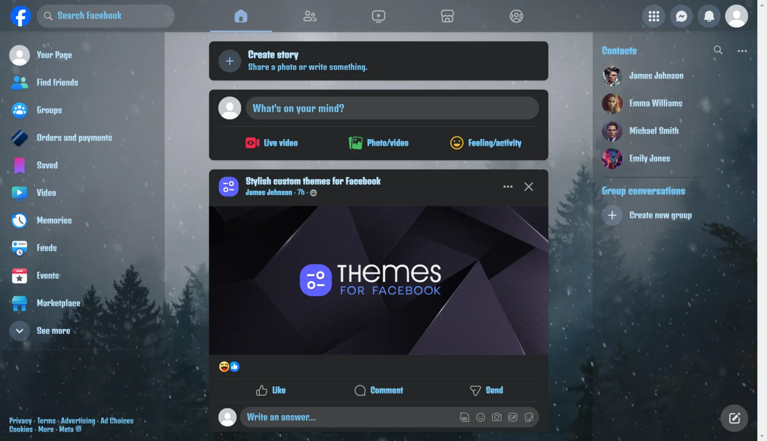 Snowfall In Forest live theme for facebook dark mode