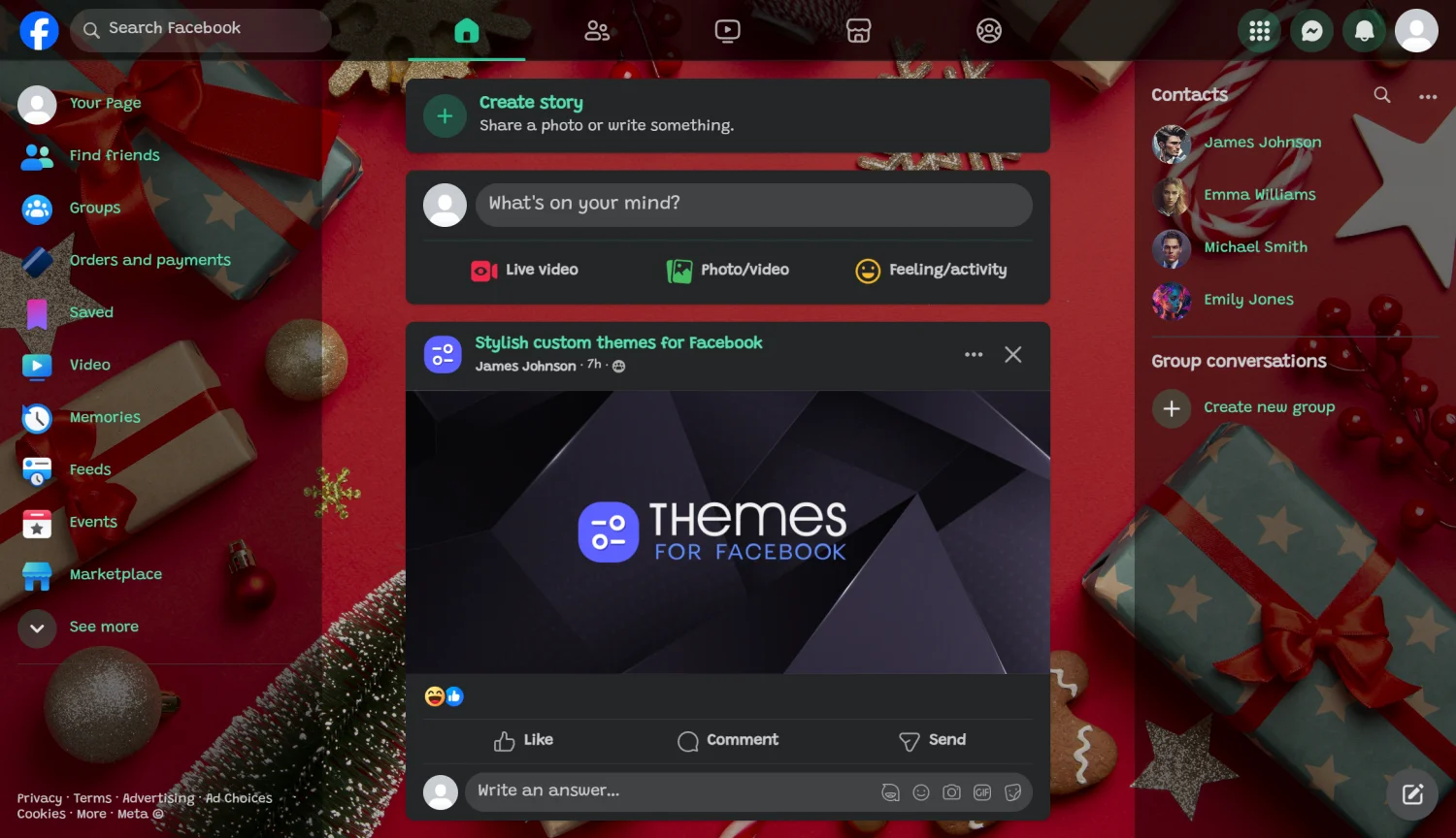 Christmas holidays red background theme for facebook dark mode