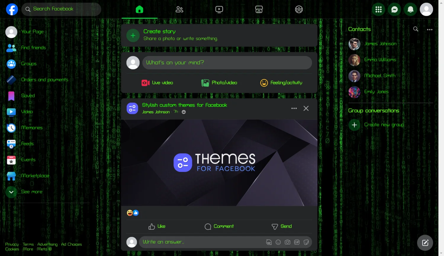 The Matrix Green Digital Code theme for facebook dark mode