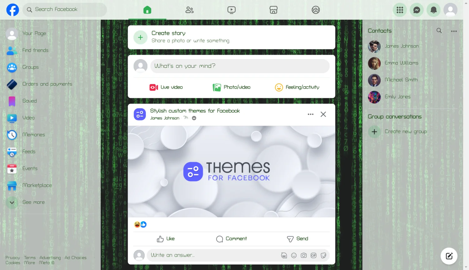 The Matrix Green Digital Code theme for facebook light mode