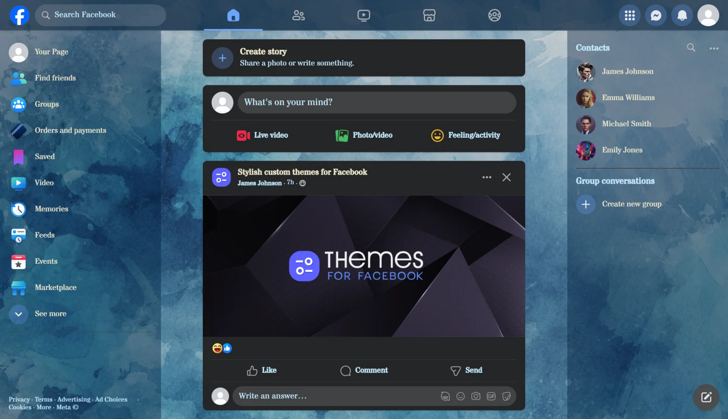 Abstract blue watercolor background theme for facebook dark mode