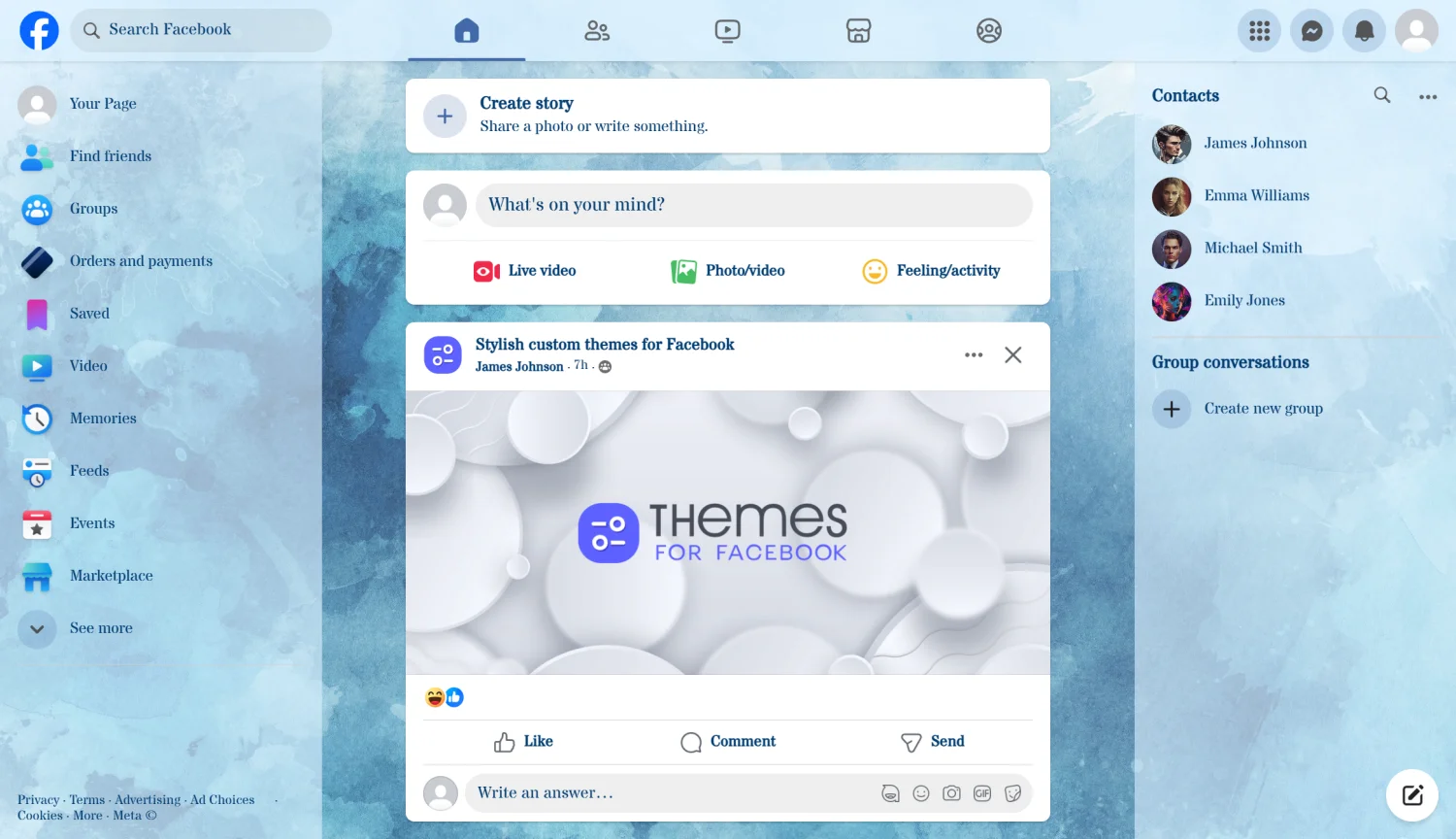Abstract blue watercolor background theme for facebook light mode